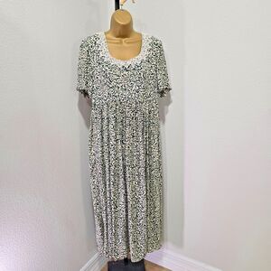 Vtg Cottage Fairy Prairie Lace Collar Floral High Waist Midi Dress M Green Cream